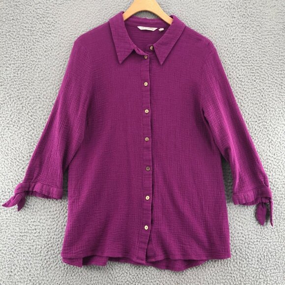 Soft Surroundings Top Womens Extra Large Purple Button Up Gauzy Tie 3/4 Sleeves - Picture 1 of 9
